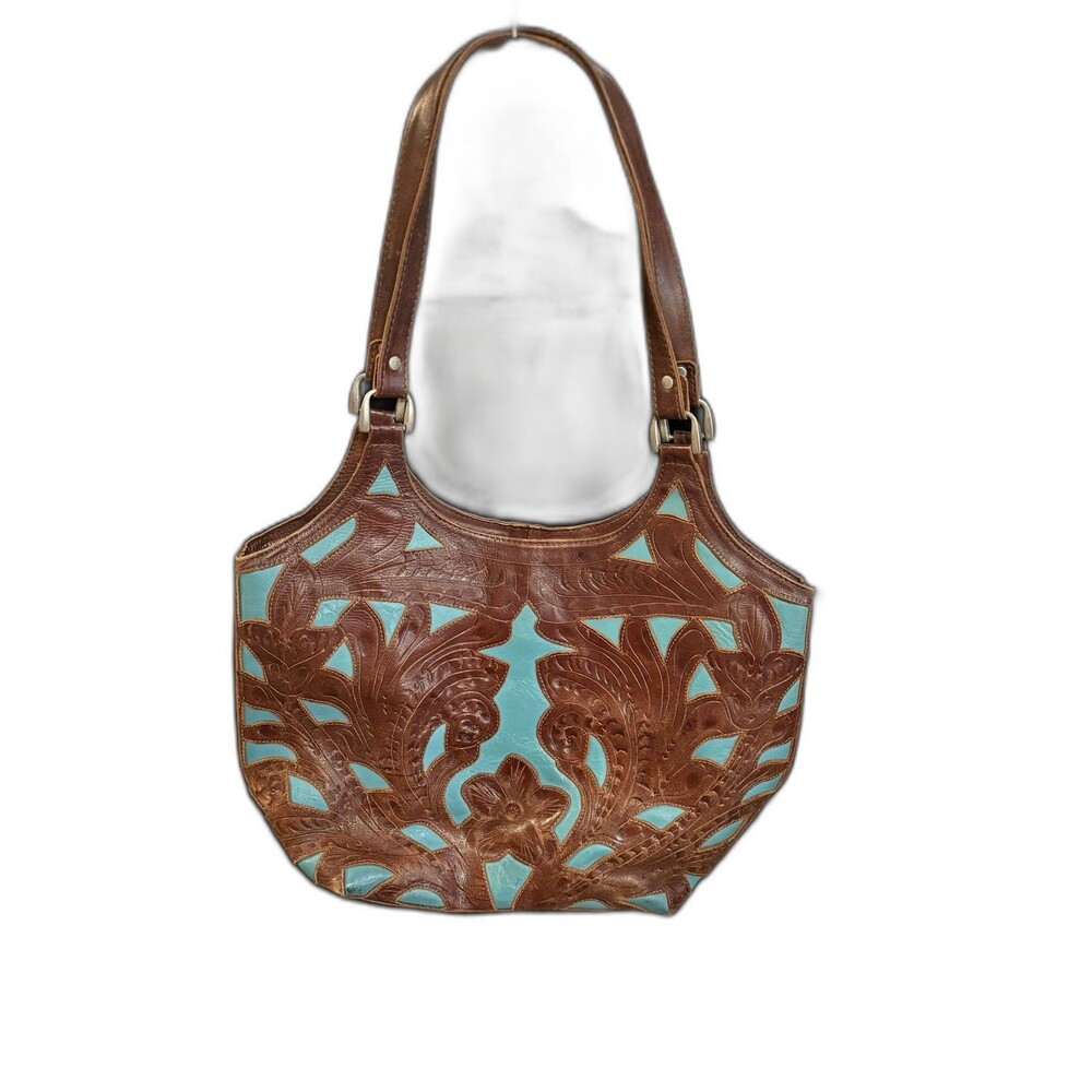 Brown turquoise floral-tooled leather shoulder bag western-style cutout designs